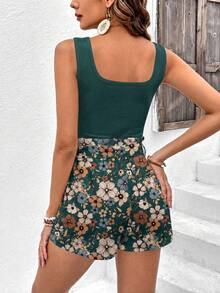 SHEIN Frenchy 女款純色背心與花卉印花短褲休閒兩件套 - 綠色 - 查看 2