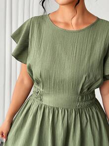 Elenzga Plus Size Elegant Romantic Elegant Round Neck Ruffle Sleeve Side Ruched Fitted Dress - Green - View 6