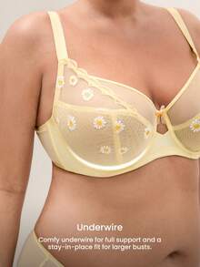 LUVLETTE Plus Daisy Embroidered Elegance Lingerie Lounge Curve Full Coverage Breathable Unlined Floral Lace Yellow Sheer Minimizer Mesh Intimates Bra - Yellow - View 3