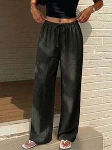 Elenzga Pantalones rectos de pierna recta con cordones para mujer, talla grande, casuales para vacaciones y viajes, color negro, versátiles y estilizantes, de tela tejida, adecuados para primavera, verano y otoño, ropa para mujer, pantalones talla grande - Multicolor - Ver 3