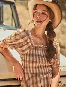 WESTFADE Ruffle Square Neck Short Puff Sleeve Plaid Mini Dress, Autumn, Fall, Vacation, Female Country Look, Cowgirl, Rodeo, Concert, Back To School - Multicolor - View 3