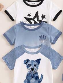 SHEIN 3 Sets, Get-1 Set Random Minimalist Casual Cute Fashion Bear Pattern  Print T-Shirt And Matching Denim Print Long Pants Set - Multicolor - View 4