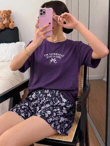 DAZY 女款標語印花短袖上衣與短褲睡衣套裝 - 紫色 - 查看 3