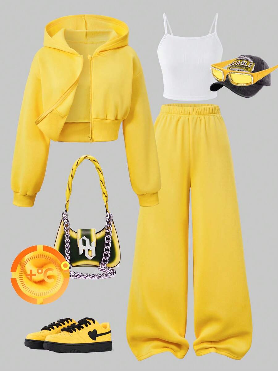 SHEIN ChillGRL 青少年女孩長袖抓絨秋冬純色保暖內裡拉鍊連帽外套、背心與寬腿褲休閒三件套,秋季穿搭 - 黃色 - 查看 1
