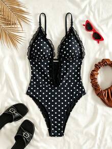 Bonvoyette Spring/Summer Brown Polka Dot Random Print Deep V Spaghetti Strap Beaded Trim Ruffle Mesh Edge Casual Cute Beach Bikini One-Piece Swimsuit For Women - Multicolor - View 5