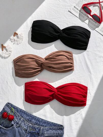 SHEIN Women's Summer Beach Solid Color Twist Design Bikini Bandeau Top 3-Piece Set