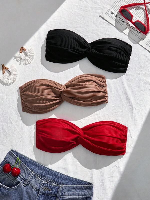SHEIN Women's Summer Beach Solid Color Twist Design Bikini Bandeau Top 3-Piece Set