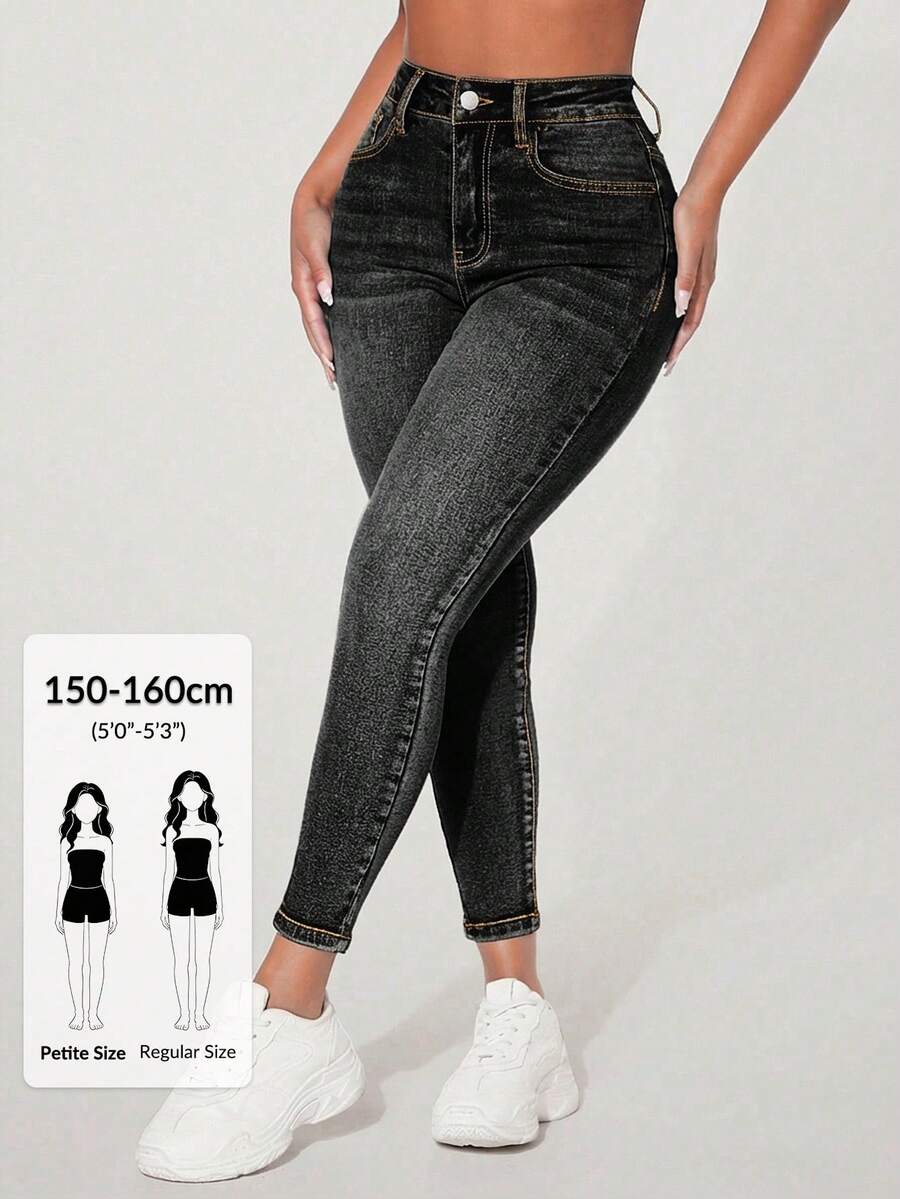 SHEIN PETITE 女款高腰口袋修身休閒百搭牛仔褲,適合嬌小女性 - 黑色 - 查看 1