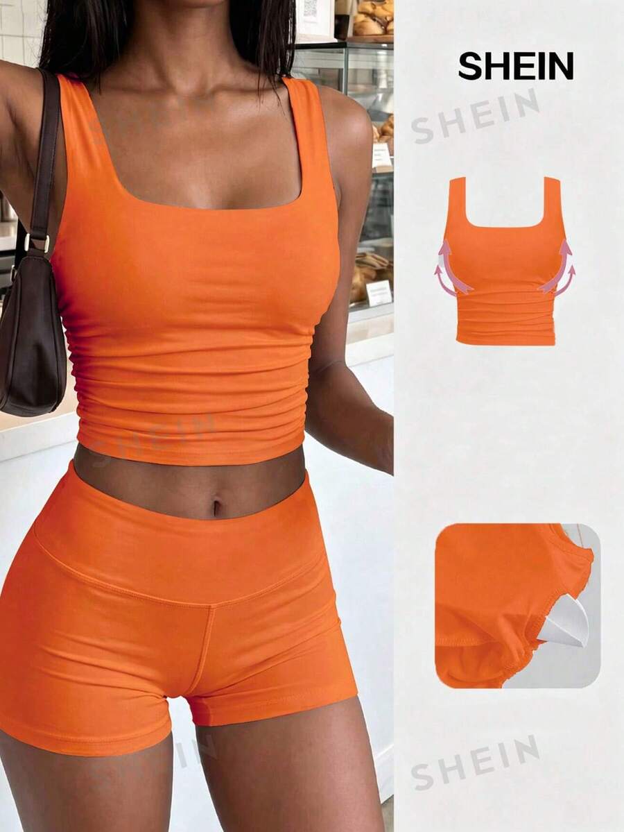 Flirla Solid Color Pleated Square Neck Casual Fitted Tank Top, Summer - Orange - View 1