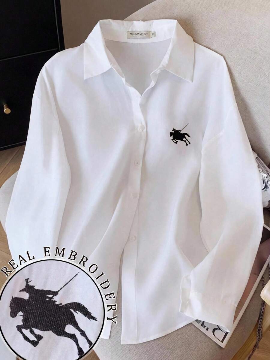 SHEIN Tween女孩秋季新款白色純色小馬圖案刺繡裝飾寬鬆長袖襯衫 - 白色 - 查看 1