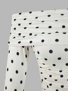 Tween Girl) Dress, Off-Shoulder, Polka Dot, Black White Polka Dot, Elegant, Casual, Vacation Party Autumn - Apricot - View 4