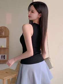 DAZY 女款蕾絲拼接修身百搭日常休閒上衣 - 黑色 - 查看 4