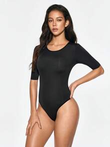 SHAPORA 1件純色修身顯瘦性感女款圓領中袖連身衣，棉質底褲 - 黑色 - 查看 4