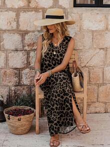 EMERY ROSE Vestido de mujer con abertura lateral y estampado de leopardo, ideal para el uso diario - Multicolor - Ver 3