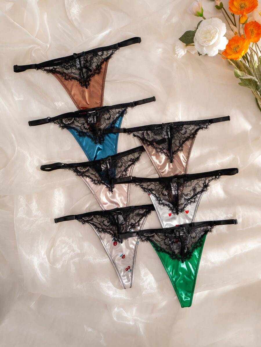 SHEIN 女款蕾絲緞面舒適丁字褲 7件組 - 彩色 - 查看 1