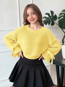SHEIN 青少年女孩秋冬針織羅紋袖口蝴蝶結鬆身套頭毛衣 - 黃色 - 查看 11