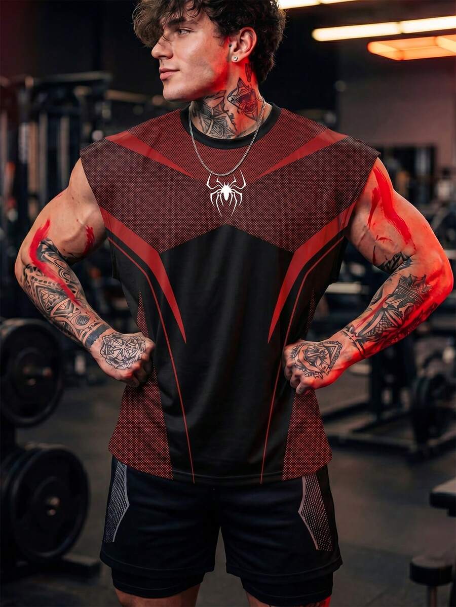 GymBeat 男士蜘蛛圖案拼色休閒日常運動T恤 - 彩色 - 查看 1