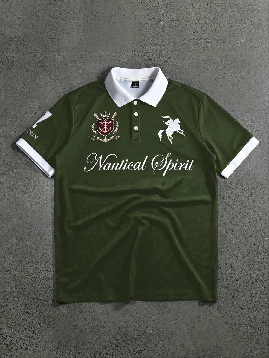 STYNVO 男士字母騎士印花休閒日常短袖 Polo 衫 - 軍綠色 - 查看 1