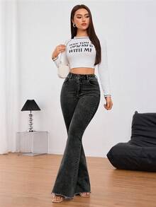 SHEIN Tall 女款休閒純色牛仔褲，簡約時尚，適合日常穿著，高個女性適用 - 黑色 - 查看 6