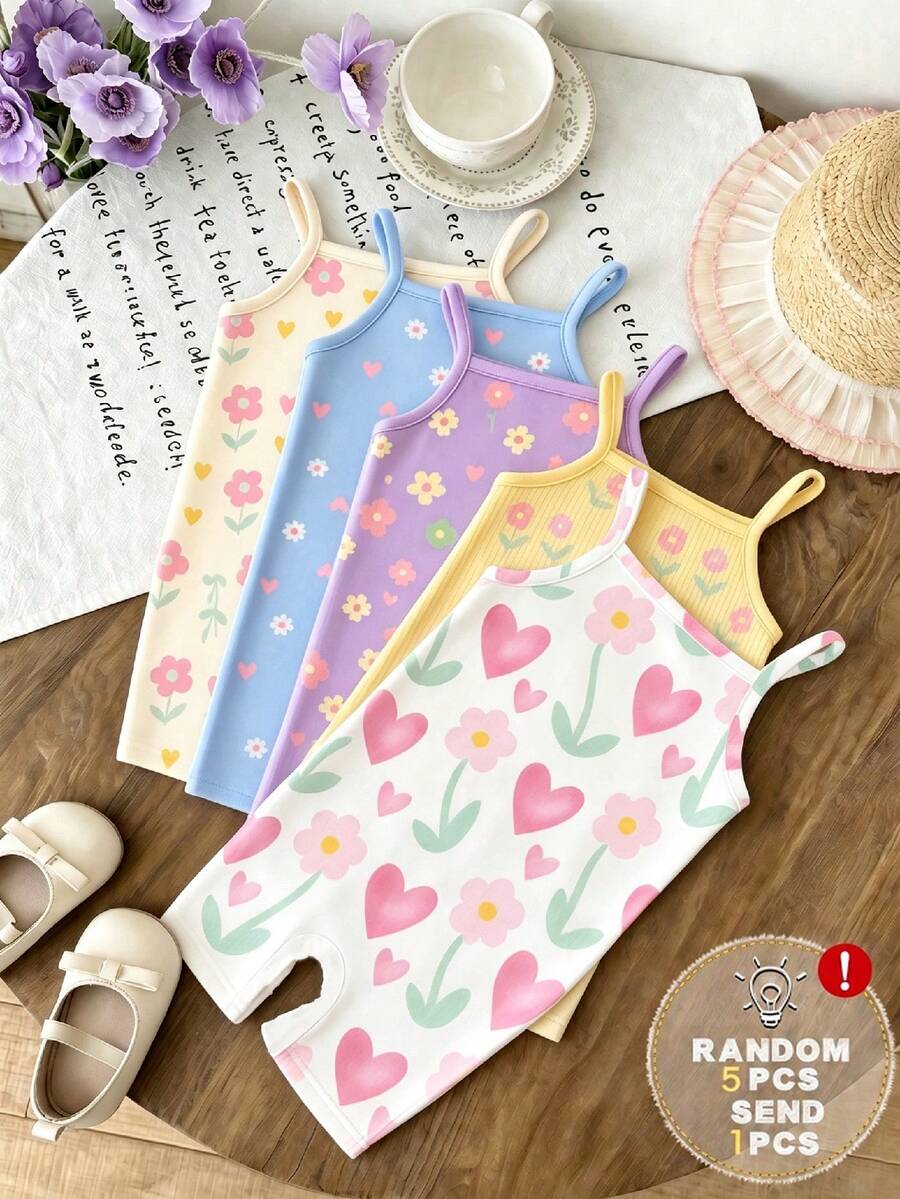 女嬰休閒碎花印花細肩帶連身短褲,適合春夏穿著 - 彩色 - 查看 1