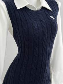 Elamini Minimalist Cute Sweet Women's Autumn Round Neck White Navy Blue Cable Knit Ruffle Hem Sweater Dress Back-To-School Everyday School - Royal Blue - View 5