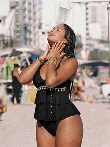 Swim Vcay Plus Size Women Summer Beach Shell Trim Halter Tankini Set - Black - View 4