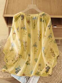 Linhara Blus Wanita Ukuran Besar Model Vintage Leher V Lengan Lentera Longgar Kasual - Kuning - View 2