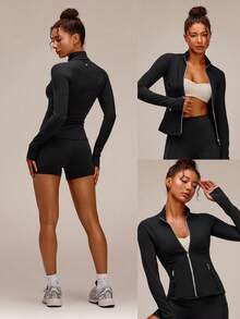 GLOWMODE FeatherFit™ Slim-It Streamline Performance Secure Pockets Zip Up Long Sleeve Jacket Low Impact Yoga Pilates Daily Spring Summer - Black - View 8
