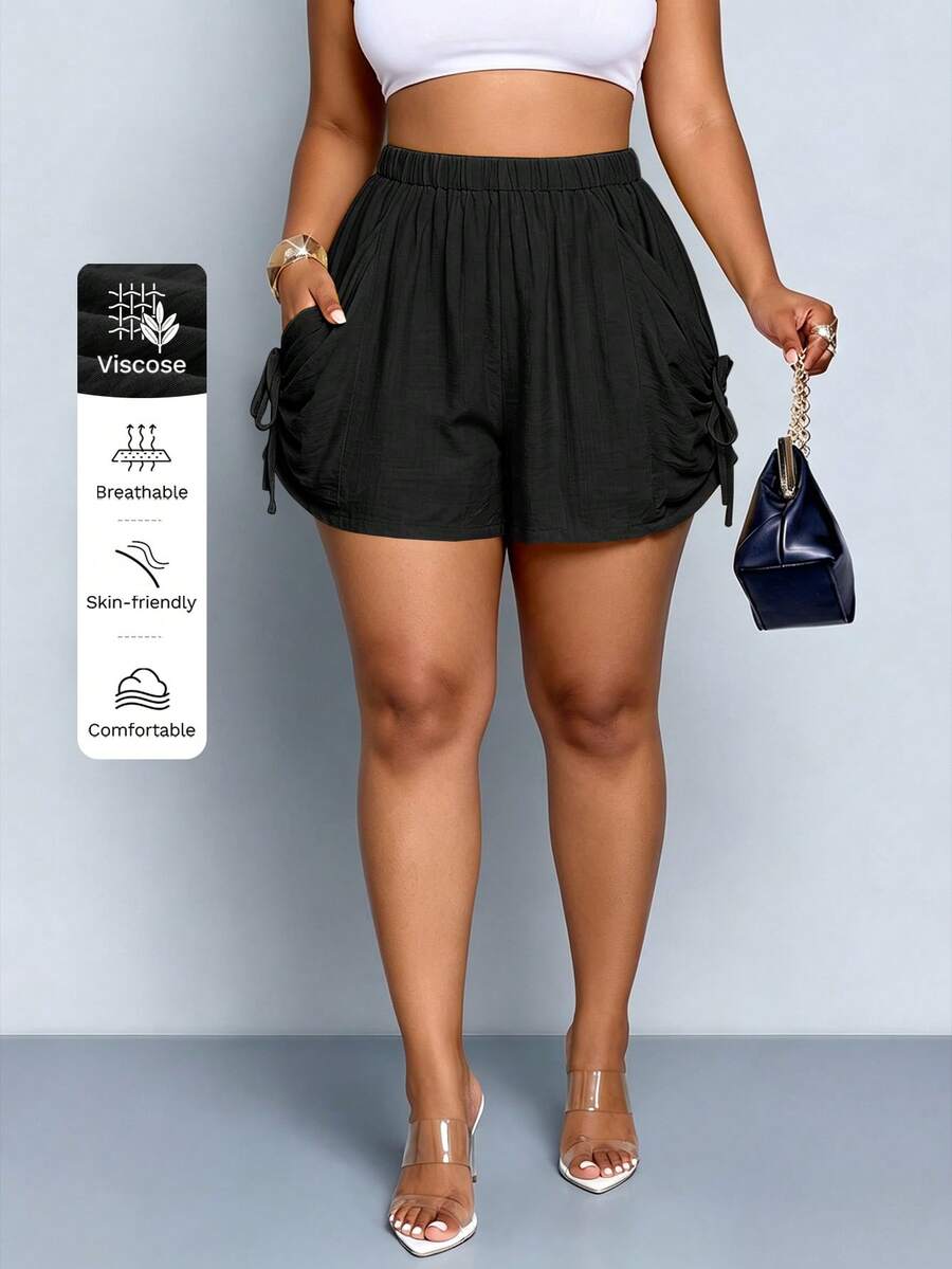 SOLERSUN Plus Size Women's Solid Color Side Tie Pocket Casual Shorts - Black - View 1
