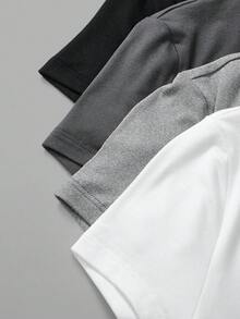 SHEIN BASICS 4件組女款純色針織圓領短袖修身連身衣 夏季服飾 日常辦公穿搭 黑色 灰色 淺灰色 白色 基本款 內斂 - 灰色 - 查看 5