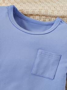 Baby Boy Solid Color Short Sleeve Pocket Top And Plaid Long Pants Loungewear - Blue - View 5