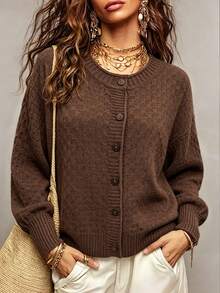 Trelyra Women's Solid Color Single-Breasted Casual Versatile Daily Wear Cardigan - Coffee Brown - View 6