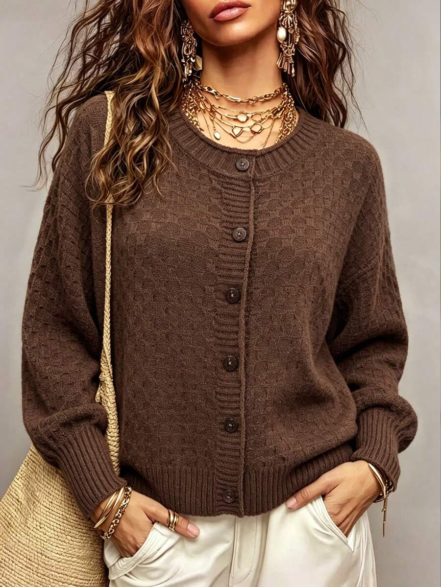 Trelyra Women's Solid Color Single-Breasted Casual Versatile Daily Wear Cardigan - Coffee Brown - View 1