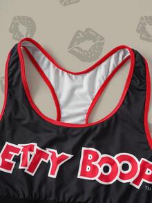 Betty Boop x SHEIN 大码圆领无袖撞色滚边时尚印花内衣套装 - 黑色 - 查看 3