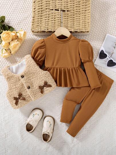 SHEIN Vintaside Kids 女嬰簡約時尚紅色純色洋裝、背心外套與長褲組合套裝