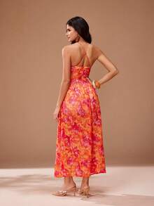 Glamance Floral Print Deep V-Neck Ruffle Hem High Slit Hollow Out Long Dress, Elegant Mature Casual Daily Party Wedding Guest Bridesmaid Birthday Vacation - Burnt Orange - View 2