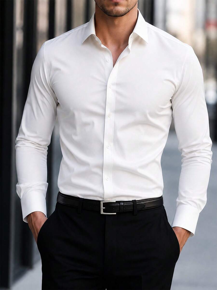Manfinity Mode Kemeja Pria Lengan Panjang Putih Polos, Kemeja Kasual Musim Panas untuk Bisnis, Pertunangan, dan Acara Formal dengan Kancing Depan, Gaya Klasik untuk Pernikahan dan Upacara. - Putih - View 1