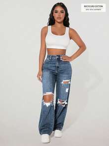 SHEIN PETITE Women's Casual Washed Distressed Straight Leg Jeans ,Petite Women - Blue - View 3