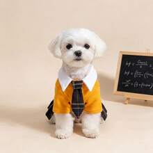 PETSIN 學院風格紋寵物校服洋裝，白色領口領結設計百褶裙小狗貓咪JK套裝，可愛小狗貓咪日常生日派對裝扮 - 彩色 - 查看 4