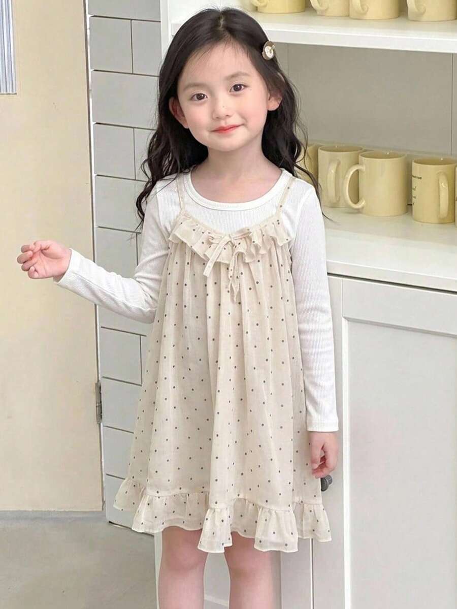DAZY 波點荷葉邊設計 A 字版型女童背心上衣 夏季 - 白色 - 查看 1