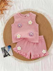 SHEIN Vintaside Kids 女嬰夏季紅色草莓拼接套裝，圓領無袖上衣配同款短褲，甜美風格，輕盈貼身，適合戶外玩耍、居家舒適、朋友聚會 - 粉色 - 查看 3