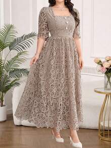 Reflora Vestido de Talla Grande unicolor con Manga Abullonada y Botones de Perla - Caqui - Ver 9
