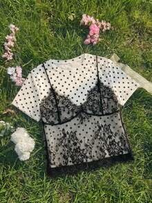 SHEIN MOD 女款黑白波點 2 合 1 蕾絲拼接圓領短版 T-shirt - 黑與白 - 查看 9