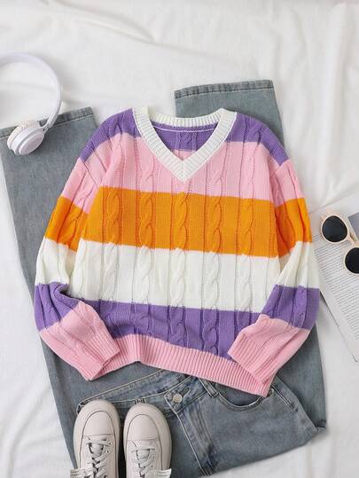 SHEIN Tween Girls' V-Neck Cable Knit Long Sleeve Sweater, 4 Colors, Suitable For Autumn And Winter, Layering With Coats And Padded Jackets, Preppy Vacation Style, Macaron Color Palette, Knitwear