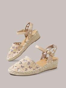 Styleloop 女款楔跟圓頭刺繡網布花卉休閒沙灘度假風涼鞋 - 棕色 - 查看 4