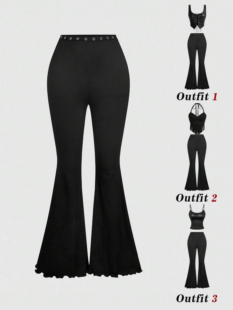 SHEIN MOD 女款時尚性感雞眼喇叭褲街頭風 - 黑色 - 查看 1