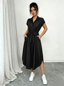 SHEIN Raffinéa 女款純色腰部打結設計百褶休閒日常夏季洋裝 - 黑色 - 查看 5