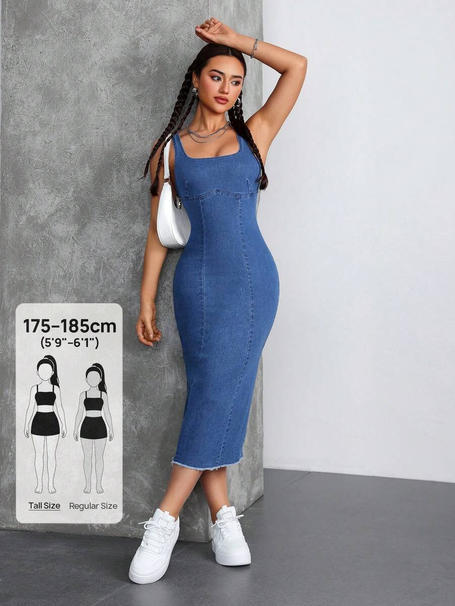 SHEIN Tall 女款方領露肩修身彈性牛仔中長洋裝,適合派對與節日,適合高個女性 - 藍色 - 查看 1