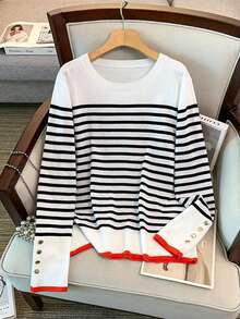GlowEve CURVE Plus Size Casual Colorblock Striped Crew Neck Side Opening Button Long Sleeve Pullover Sweater - Black and White - View 5