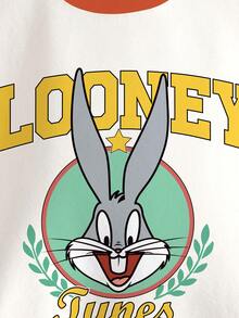 LOONEY TUNES X SHEIN 小男孩卡通印花撞色圓領長袖運動衫 - 白色 - 查看 3